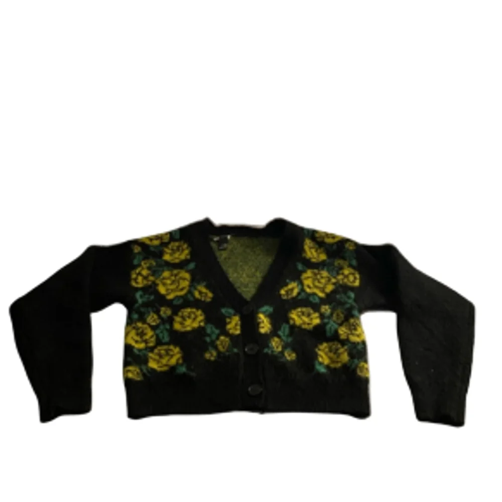 Grunge Floral Cropped Y2K Knit Cardigan Black Yellow Rose Forever 21 Small - Picture 3 of 6